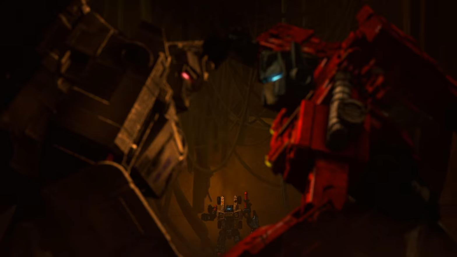 Cog looks on as Optimus and Megatron lock horns again in Transformers: War for Cybertron — Earthrise.