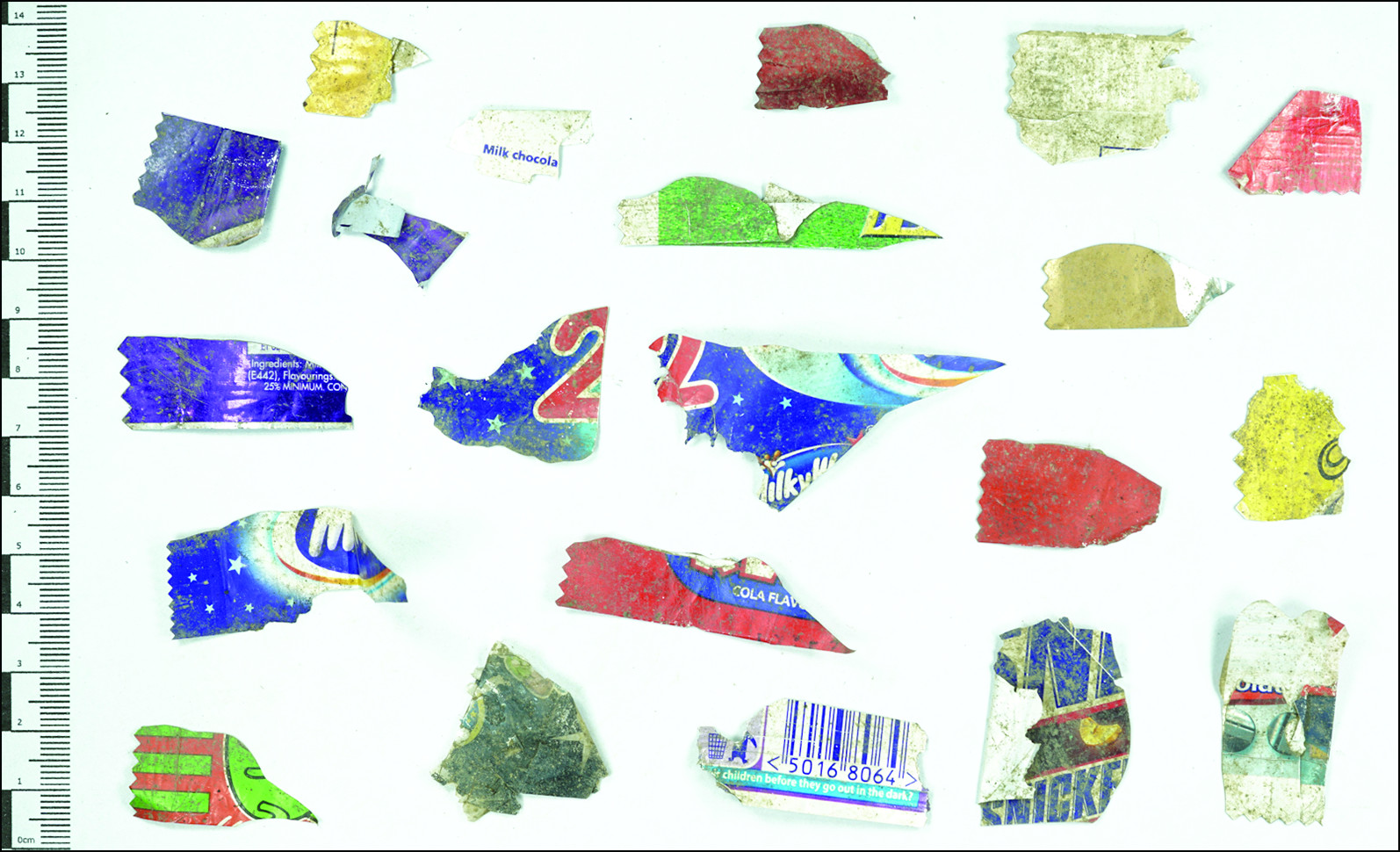 Fragments of candy wrappers.  (Image: H. Mytum et al., 2021/Antiquity)