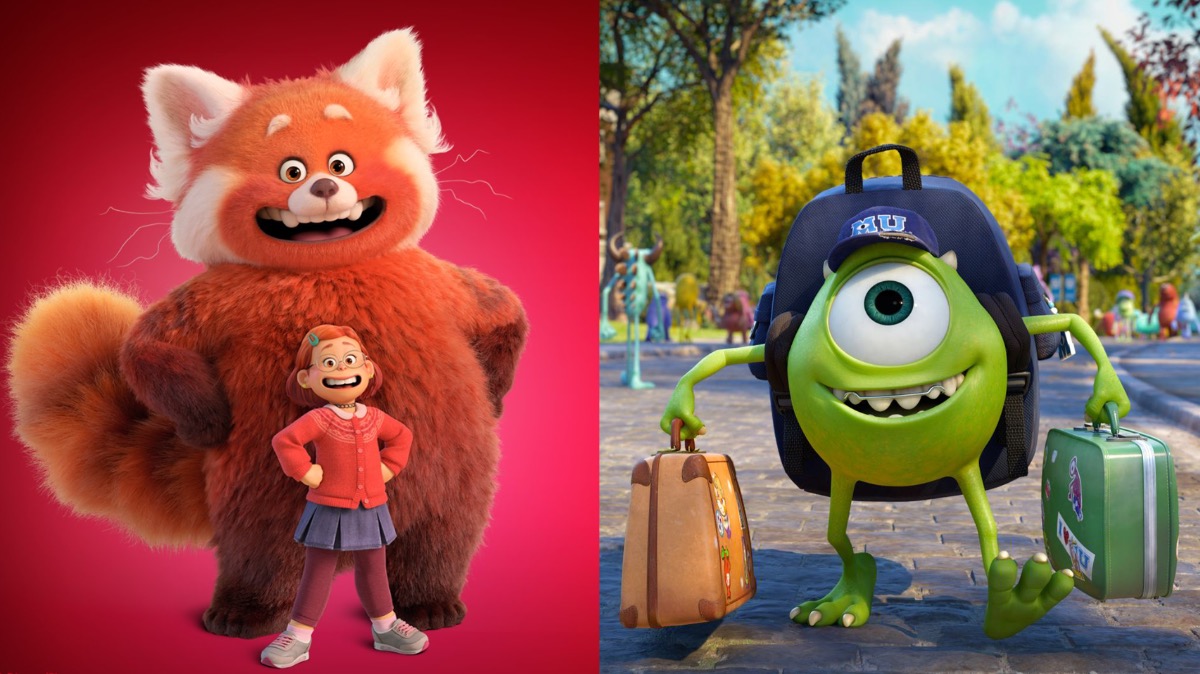 Disney Pixar's Turning Red (left) stands in stark contrast to the Monsters, Inc. prequel, Monsters University. (Image: Disney)