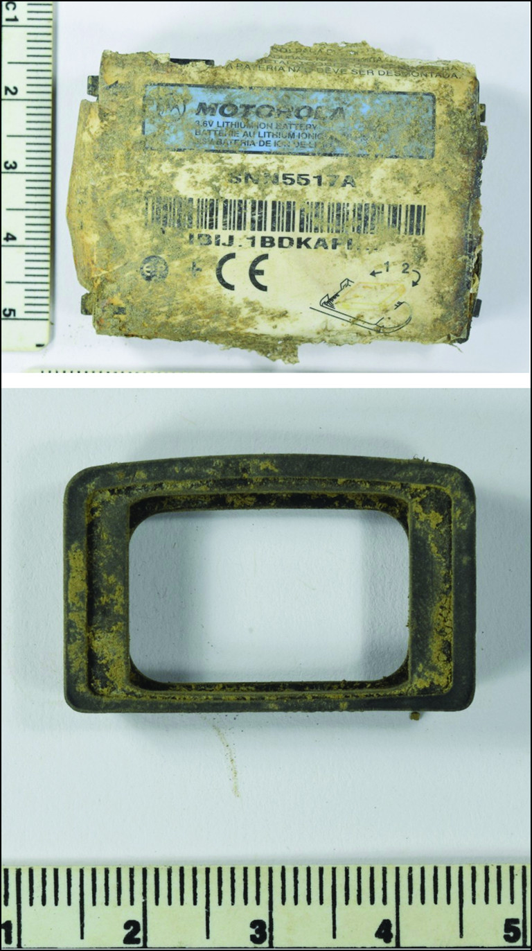 Mobile phone battery and camera eyepiece.  (Image: H. Mytum et al., 2021/Antiquity)