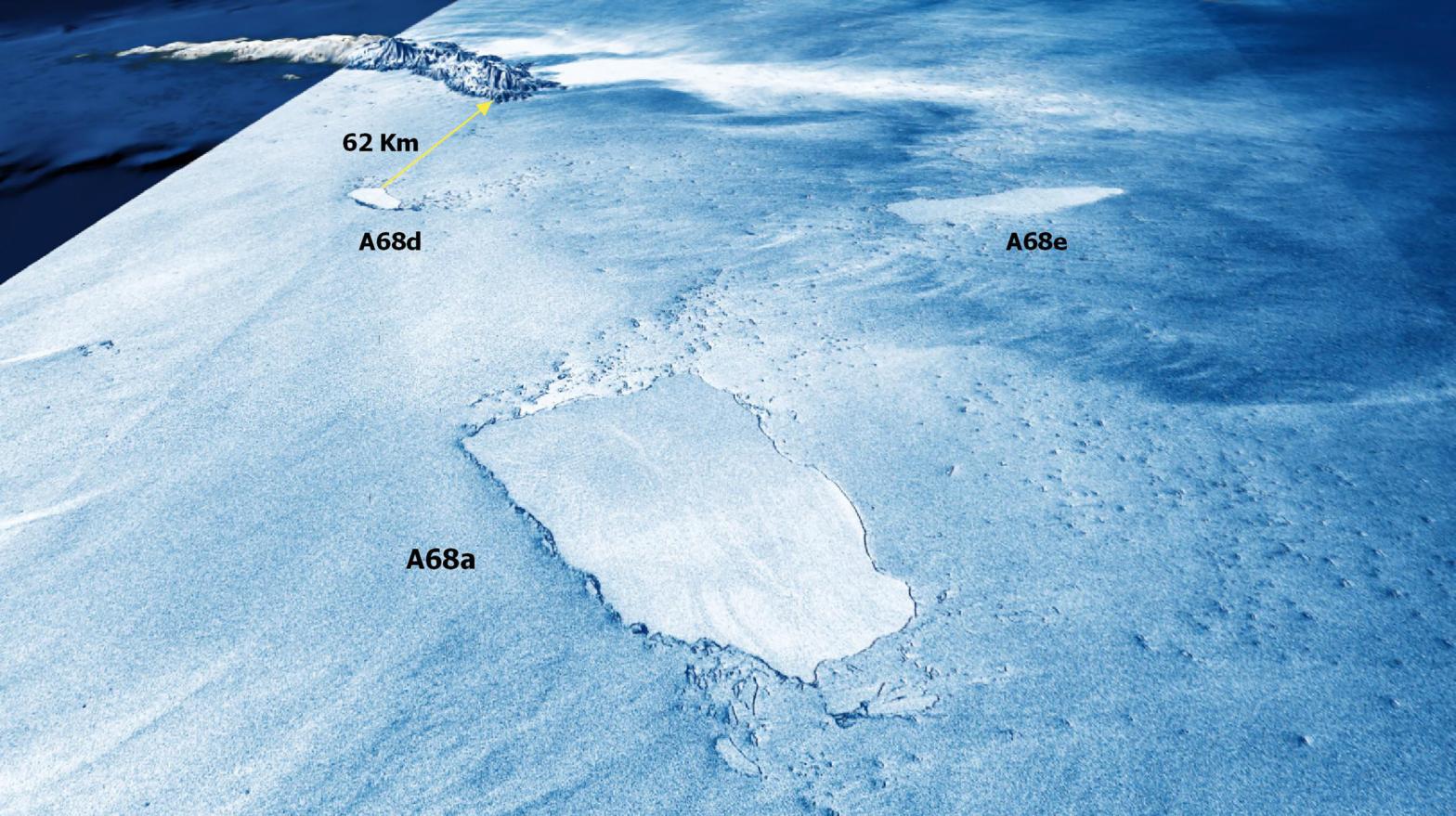 A 3D synthetic-aperture radar (SAR) view of iceberg A68a and its offspring on January 5, 2021, with South Georgia island in the background. (Image: Copernicus/Sentinel-1/Antonio Vecoli)