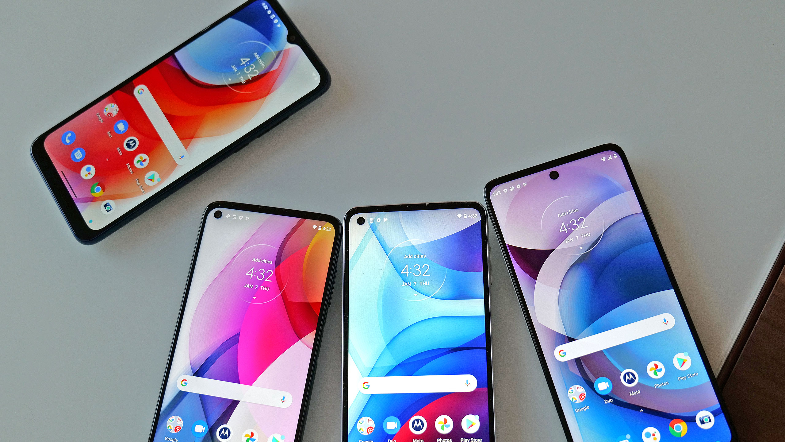 Moto's more expensive phones have all shifted to a hole-punch selfie cam, while the Moto G Play (top left) still gets a notch.  (Photo: Sam Rutherford)