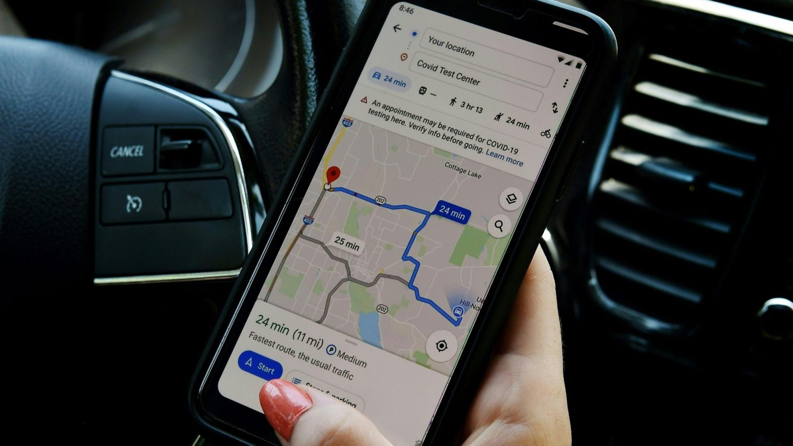 This illustration picture shows Google map application displaying medical facility or a COVID-19 testing centre on a smartphone in Arlington, Virginia on June 9, 2020. (Photo: Olivier Douliery/AFP, Getty Images)