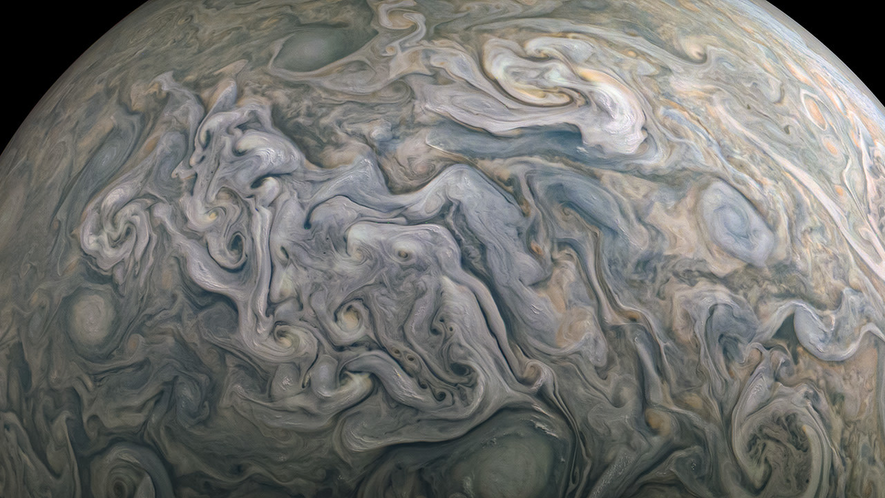A shot of atmospheric jets in Jupiter's northern mid-latitude region.  (Image: NASA/JPL-Caltech/SwRI/MSSS/Kevin M. Gill)
