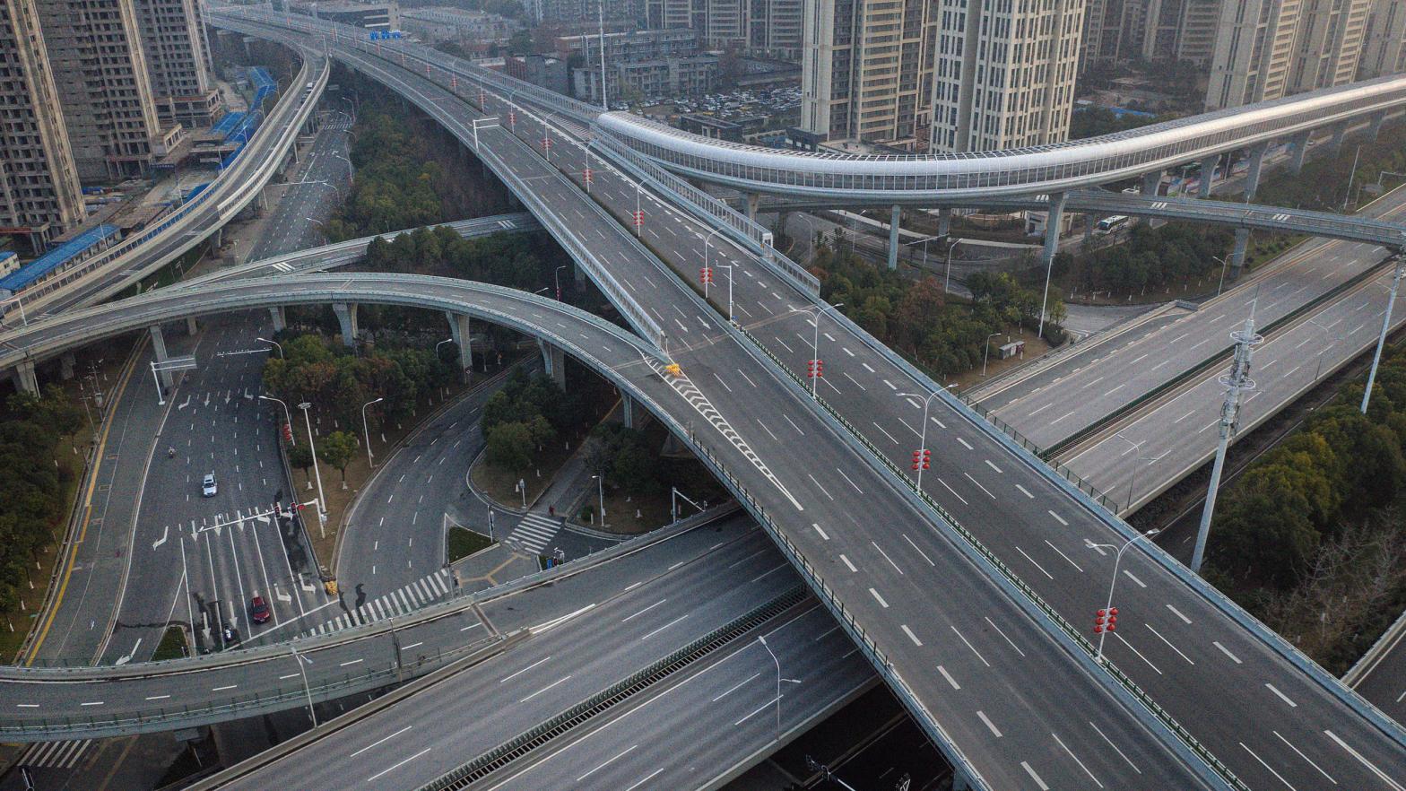 An aerial view of the roads and bridges are seen on Feb. 3, 2020 in Wuhan during covid-19 lockdown. (Photo: Getty Images, Getty Images)