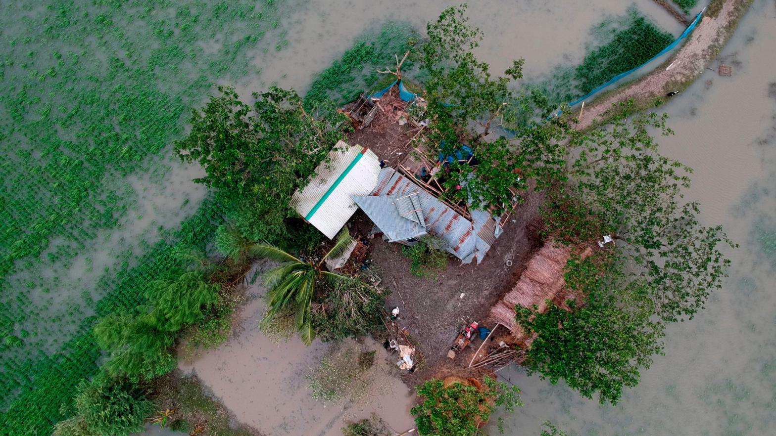 This aerial photo taken on November 10, 2019, shows a destroyed house after cyclone Bulbul hit Koyra, Bangladesh.  (Photo: Munir Uz Zaman, Getty Images)