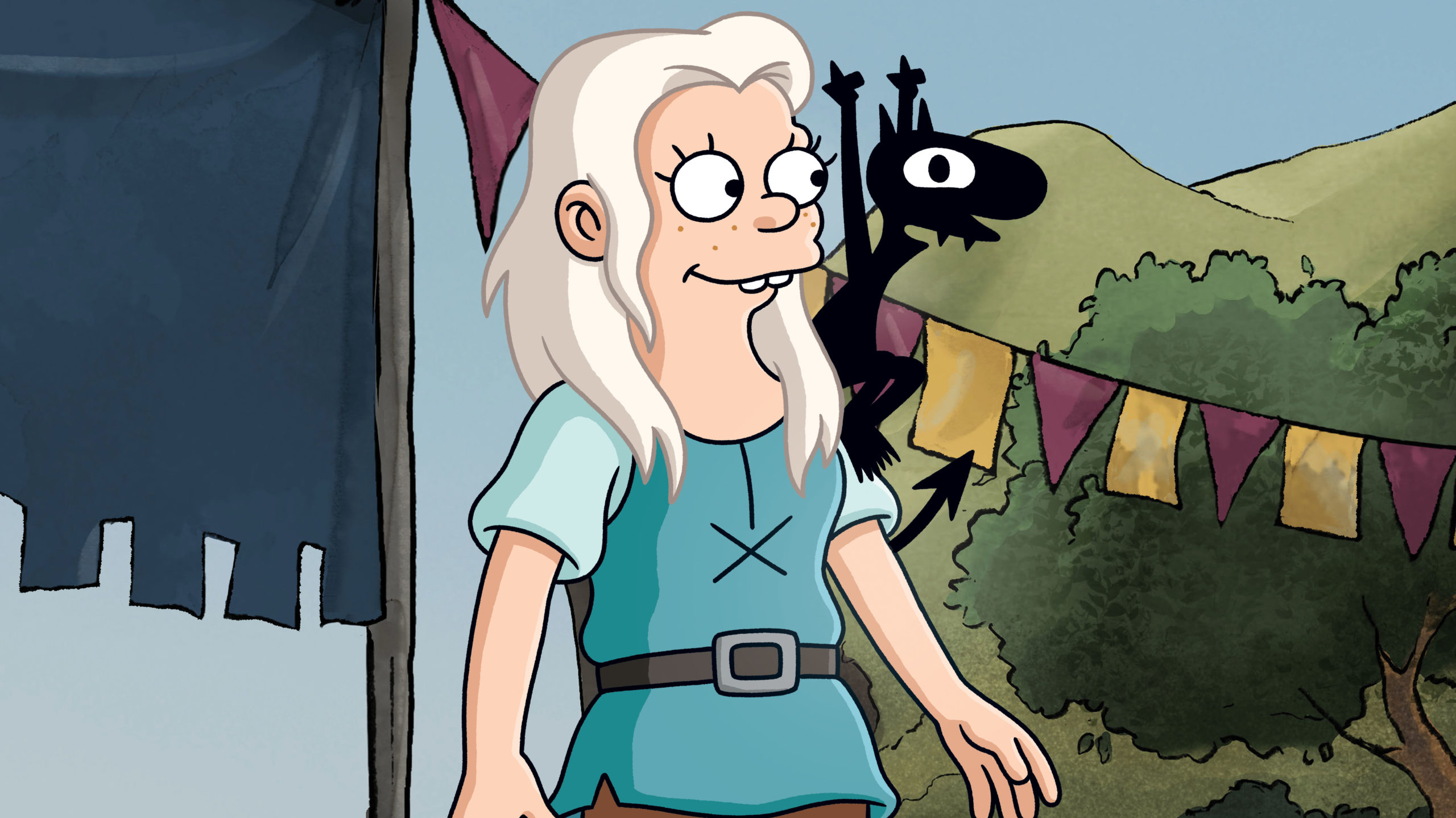 Bean (Abby Jacobson) and Luci (Eric André) adventuring on Disenchantment. (Image: Netflix)