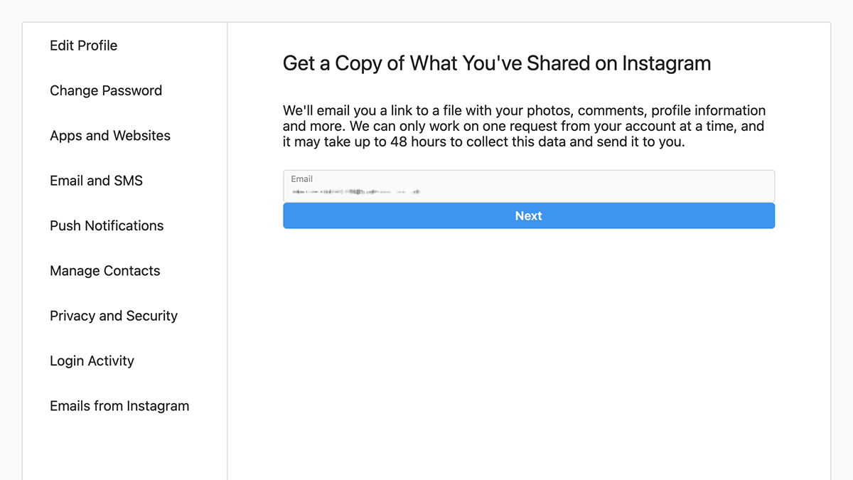 You need to download all of your Instagram data to get your messages. (Screenshot: Instagram)