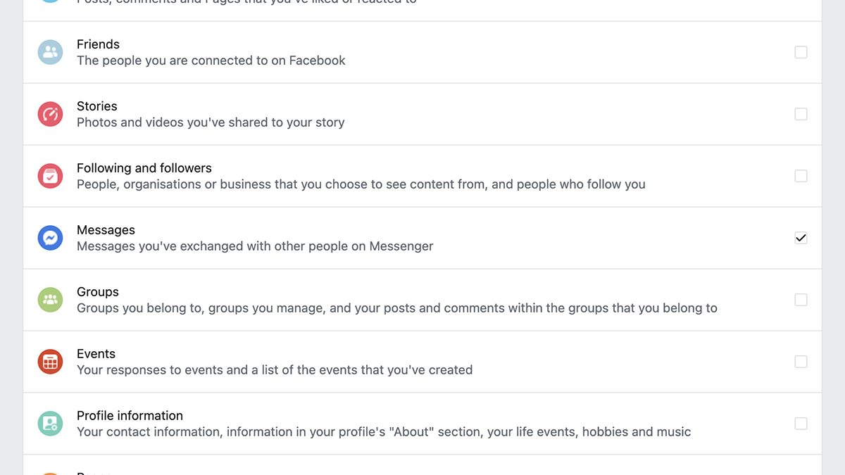 You can download all of your Facebook data, including messages. (Screenshot: Facebook)