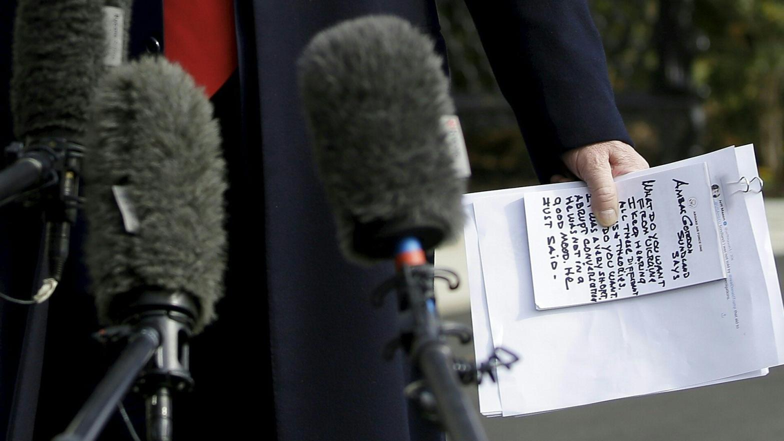 Donald Trump holding notes at the White House on November 20, 2019, presumably a record that has been retained by the Trump Presidential Library, provided he didn't destroy it first. (Photo: Joshua Lott / AFP, Getty Images)