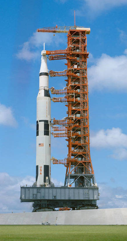 The Saturn V rocket used for Apollo 12, as it rests on MLP-2 in 1969. (Image: NASA)
