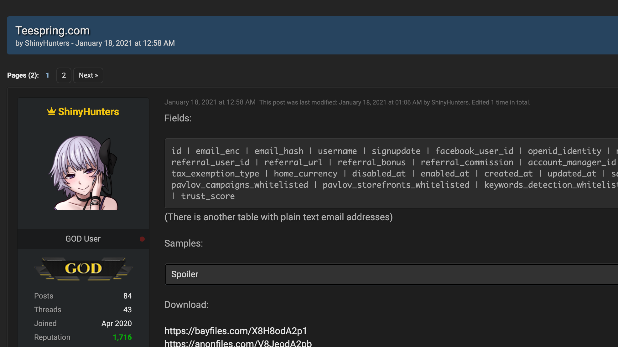 Site posting data hacked from Teespring.  (Image: Screenshot: Raidforums)