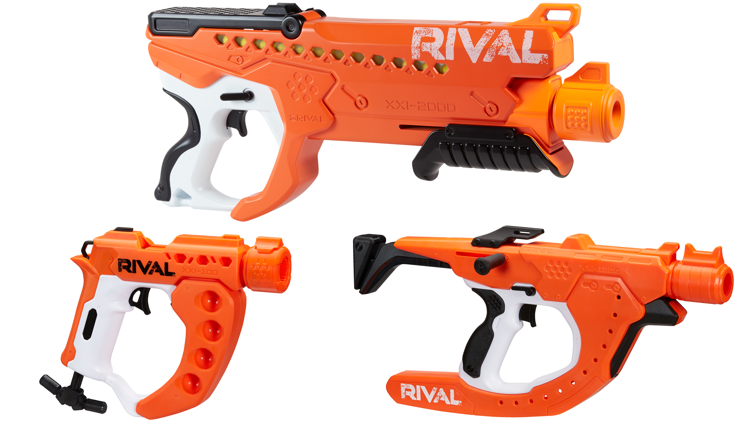 The Nerf Rival Curve Shot Helix XXI-2000 (top) will be available in August at Target, while the Rival Curve Shot Flex XXI-100 (bottom, left) and Rival Curve Shot Sideswipe XXI-1200 (bottom, right) will be available at most toy retailers starting in March. (Image: Hasbro Nerf)
