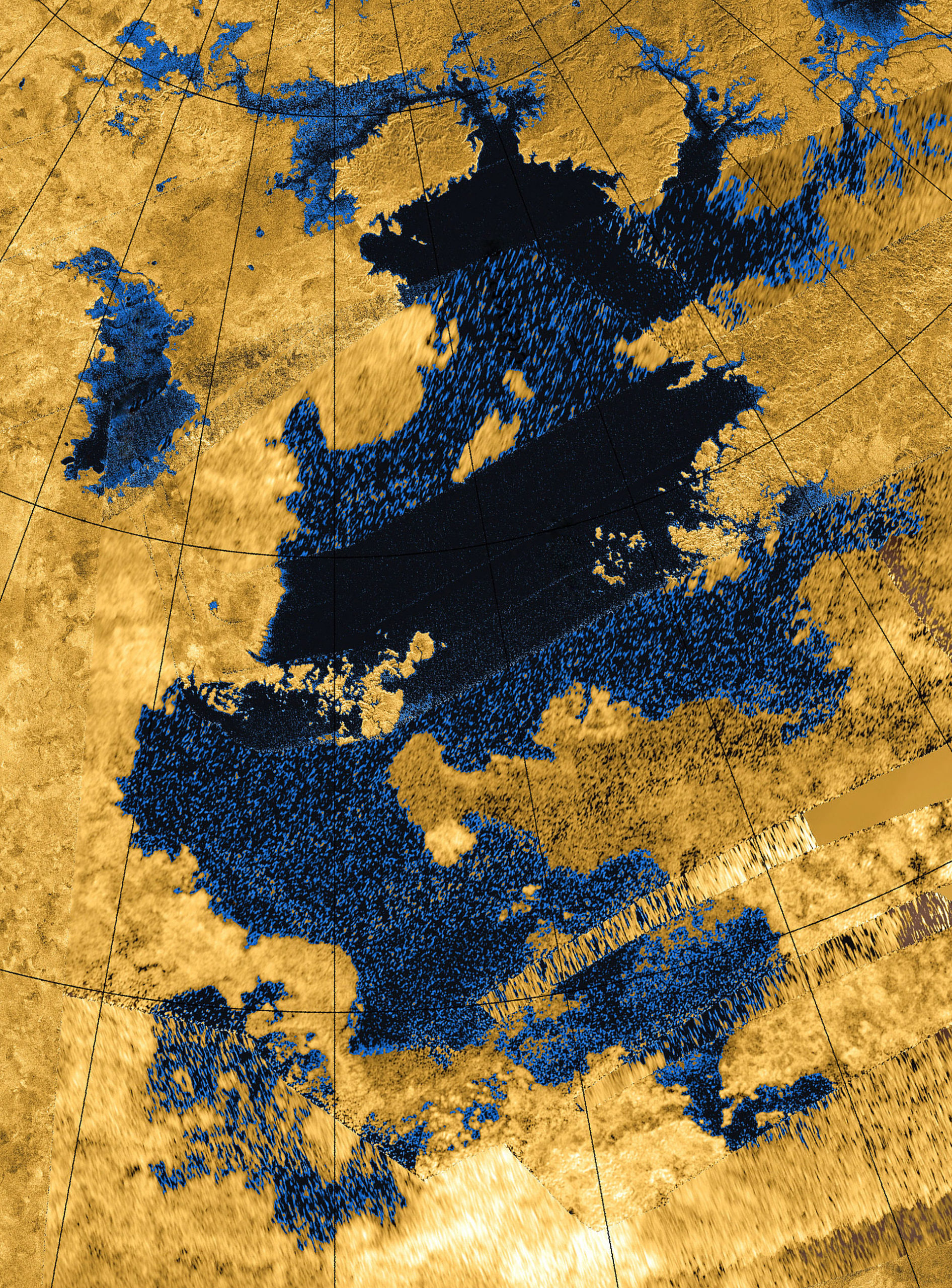 False-colour image of  Kraken Mare.  (Image: NASA/JPL-Caltech/Agenzia Spaziale Italiana/USGS)