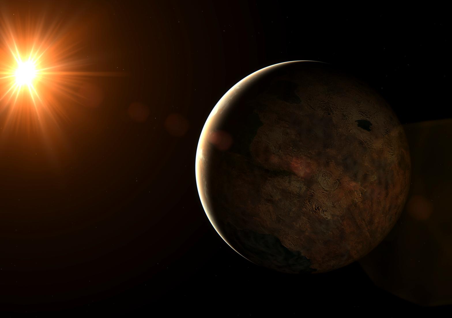 Super Earth exoplanet orbiting a red dwarf star.