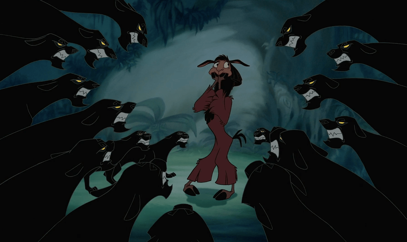 Kuzco about to be chased by a group of jaguars. (Screenshot: Disney)