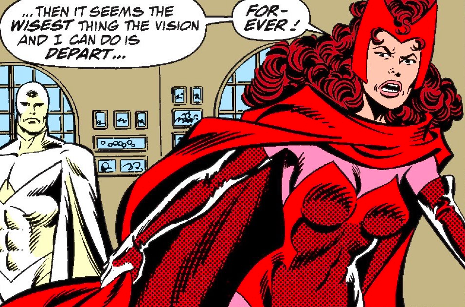 The Scarlet Witch storming away from her fellow Avengers. (Image: Mike Machlan, Bill Oakley, Bob Sharen/Marvel)