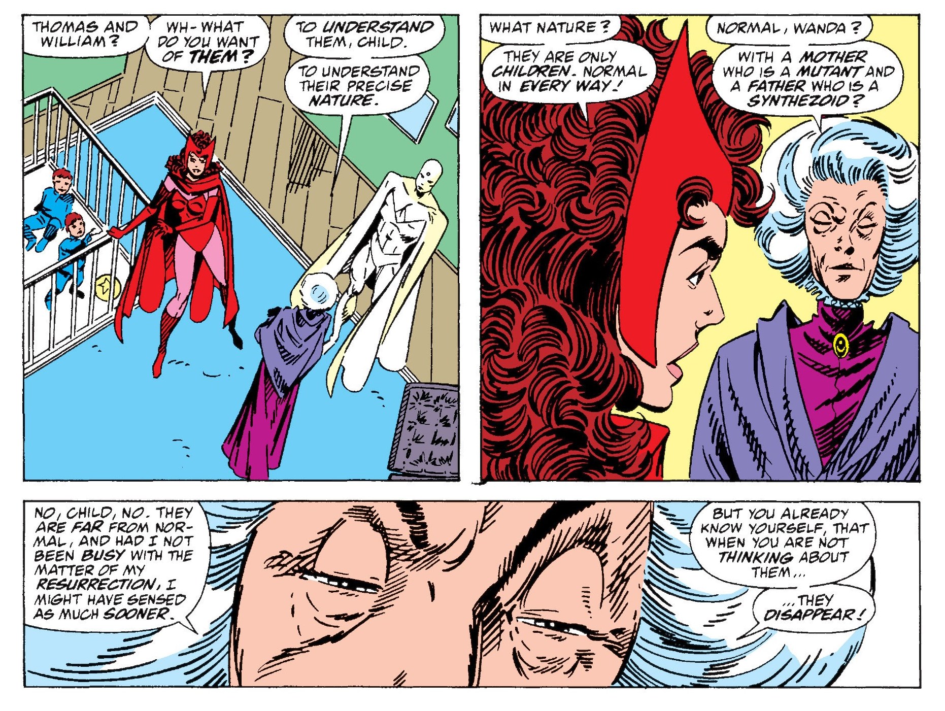 Agatha Harkness telling Wanda that her children are not as they seem. (Image: Mike Machlan, Bill Oakley, Bob Sharen/Marvel)