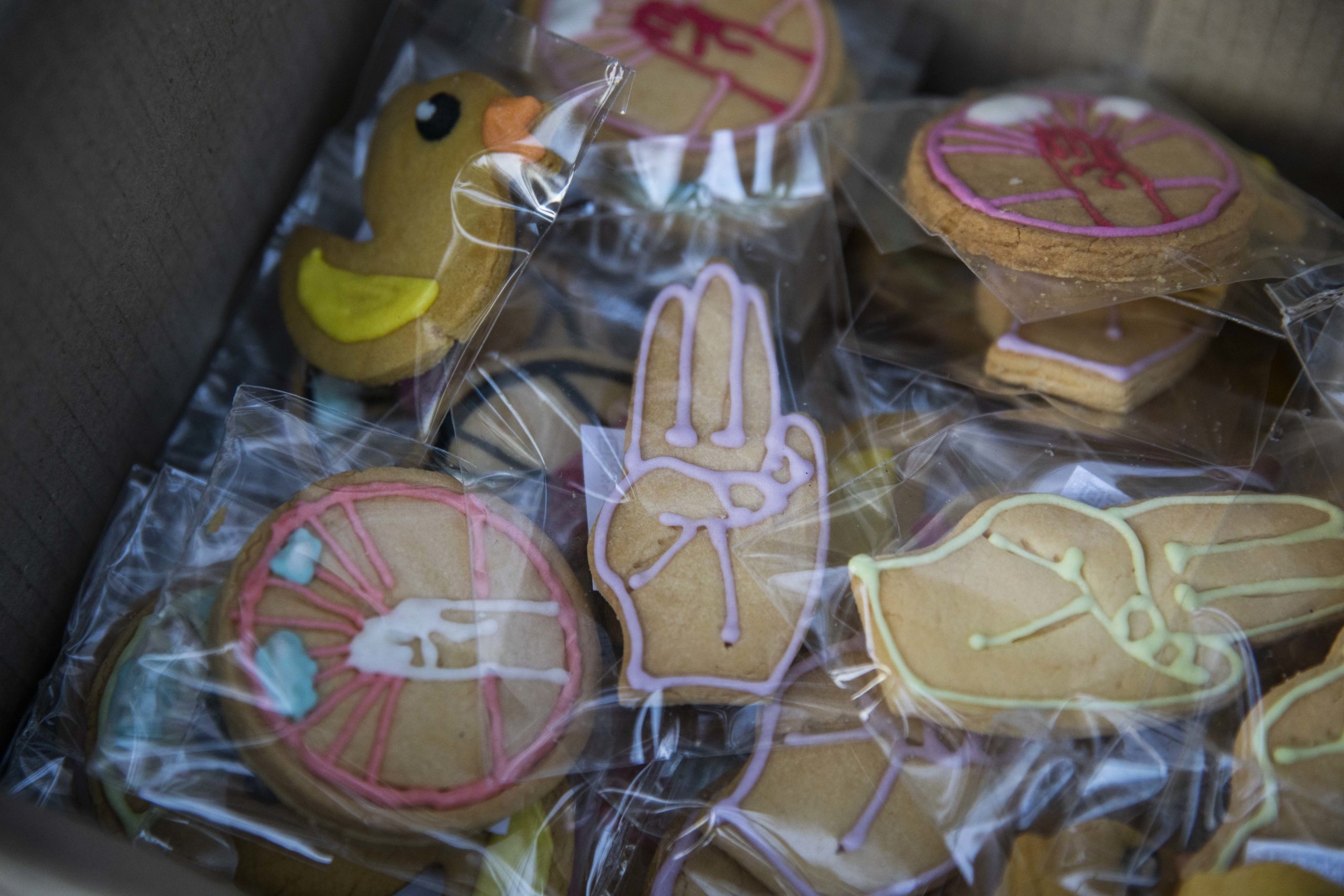  Thai pro-democracy protesters sell cookies featuring a three-finger salute on December 10, 2020 in Bangkok, Thailand.  (Photo: Lauren DeCicca, Getty Images)