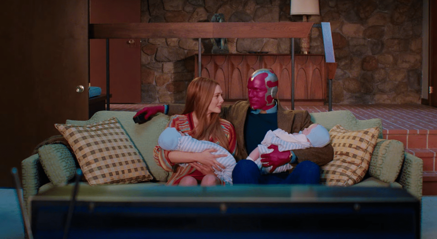 Wanda, Vision, Billy, and Tommy settling in to watch TV. (Screenshot: Disney+/Marvel)