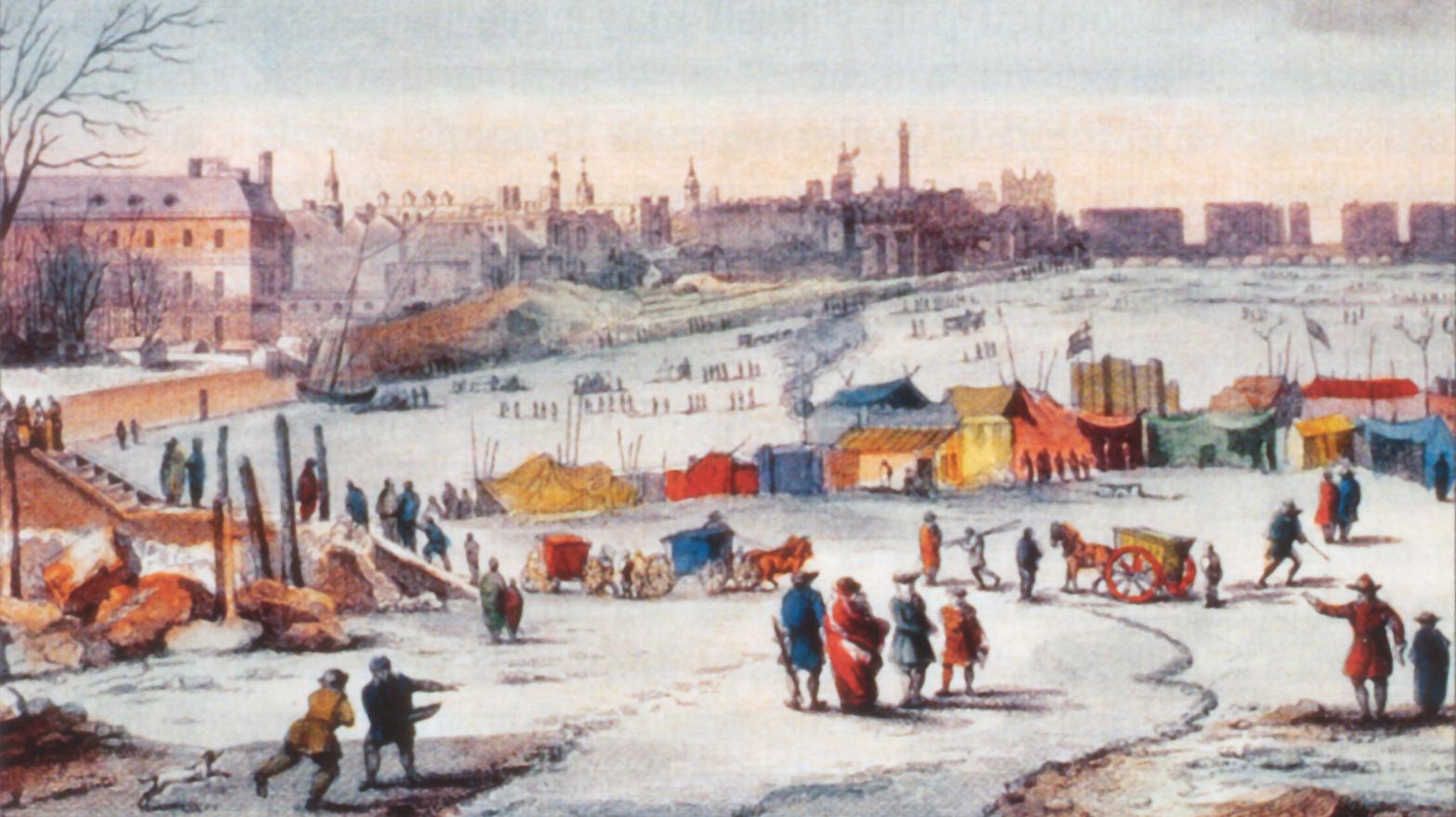 The frost of 1683 froze much of England, and fairs were held on the River Thames. (Illustration: Wikimedia Commons, Fair Use)