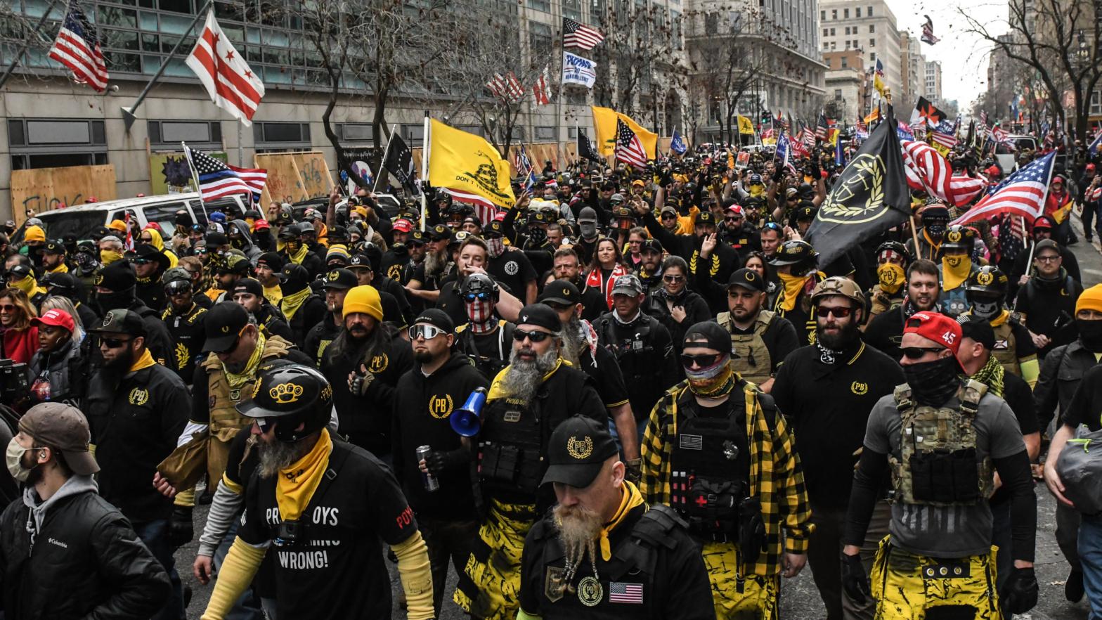 Members of the Proud Boys march towards Freedom Plaza during a protest on December 12, 2020 in Washington, DC. Thousands of protesters who refuse to accept that President-elect Joe Biden won the election are rallying ahead of the electoral college vote to make Trump's 306-to-232 loss official.  (Photo: Stephanie Keith, Getty Images)