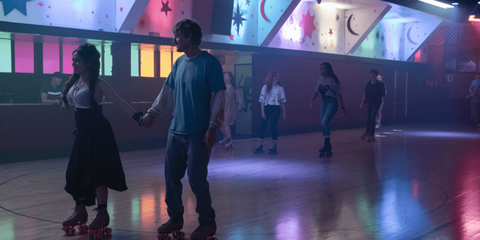 Isabel (Salma Hayek) and Greg (Owen Wilson) skate away from reality in Bliss. (Image: Amazon Studios)