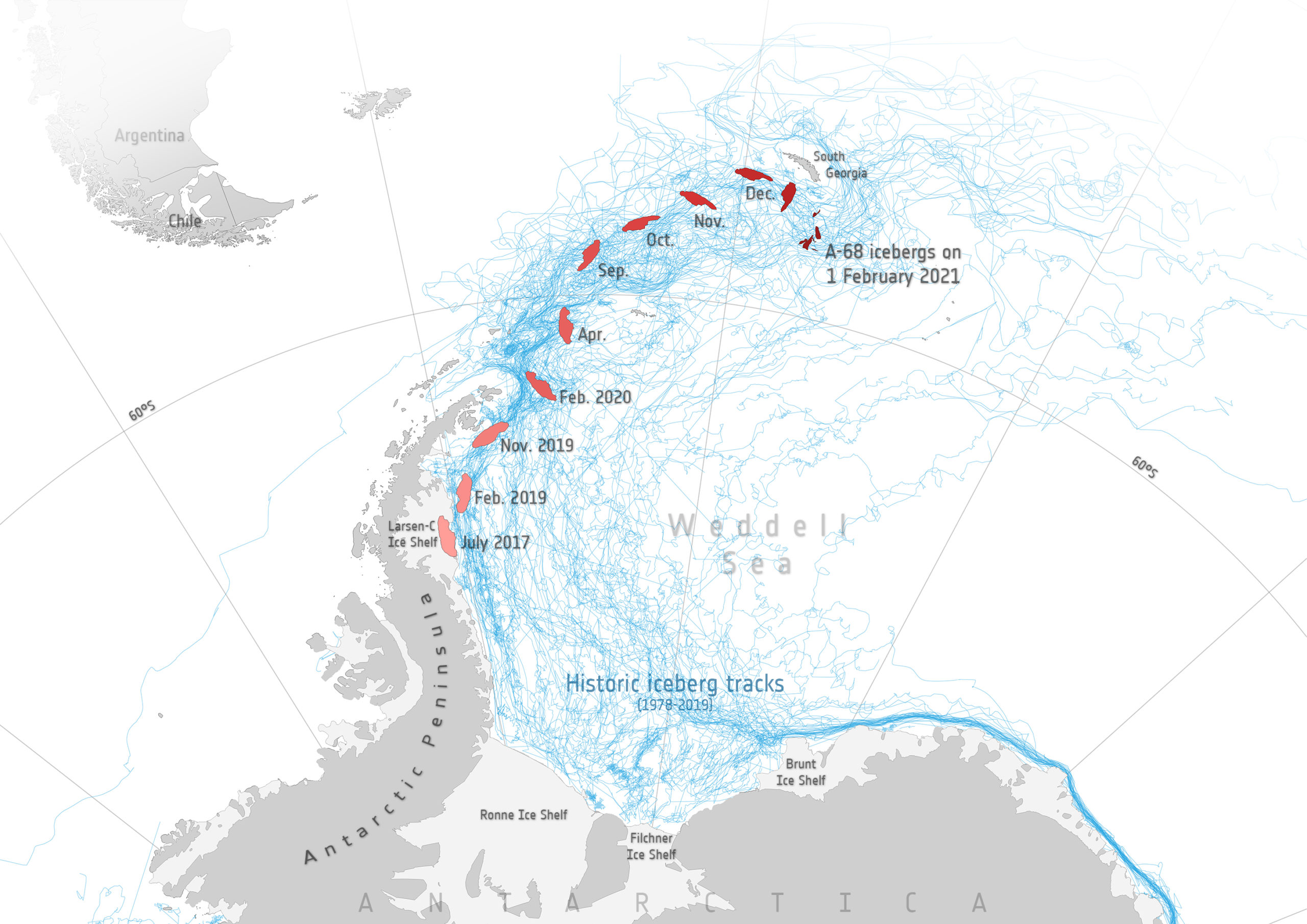 A map showing the journey of A68a, along with routes taken by previous icebergs.  (Graphic: Modified Copernicus Sentinel data (2021), processed by ESA; Antarctic Iceberg Tracking Database)