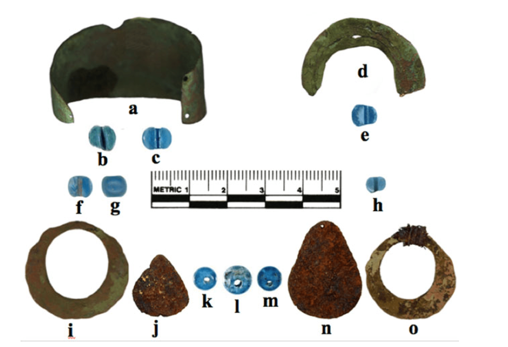 Metal artifacts and glass beads analysed in the study.  (Image: M. L. Kunz et al., 2021/American Antiquity)