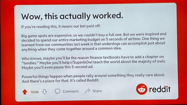 Reddit Ran a 5-Second Super Bowl Ad About Stonks