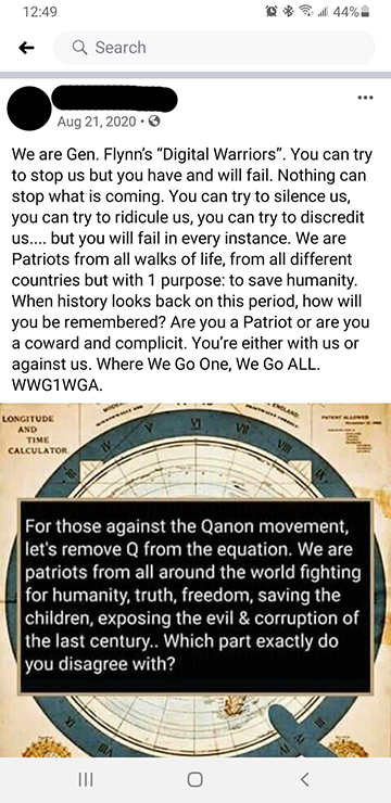 One of the many QAnon posts to grace my Facebook feed in the last four years. (Screenshot: Joanna Nelius/Gizmodo)