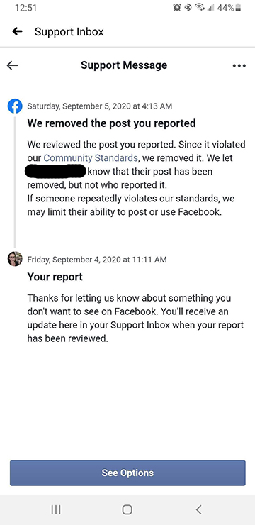 I reported my ex's comment to Facebook for inciting violence. (Screenshot: Joanna Nelius/Gizmodo)