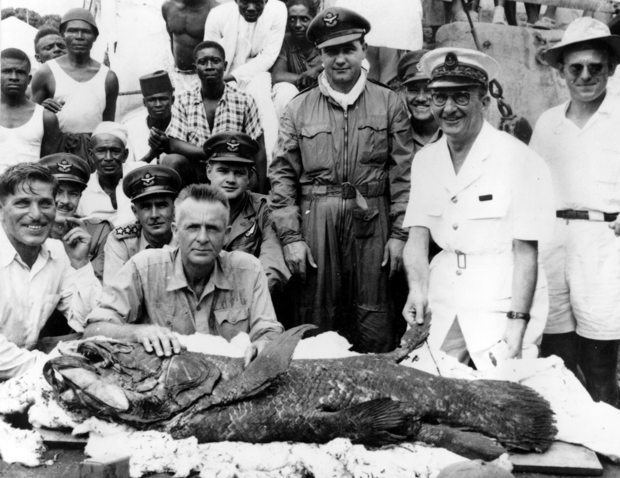 Scientists and sailors pose with a 54 kg coelacanth caught off the coast of Madagascar in 1953. (Image: Associated Press, AP)