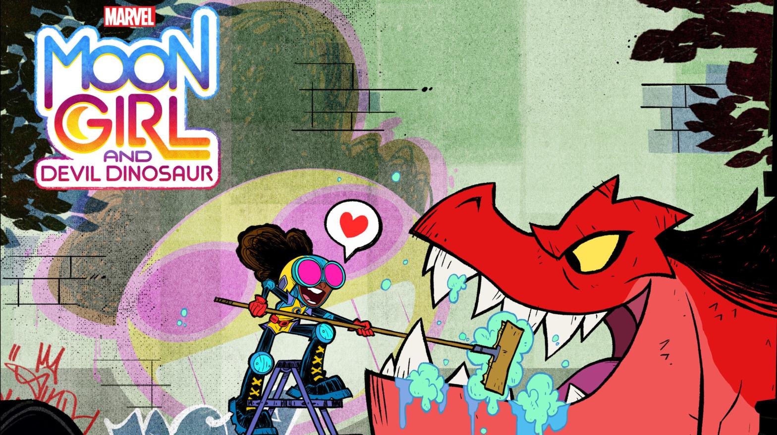 I absolutely adore how happy Moon Girl is to be brushing Devil Dinosaur's teeth. (Image: Disney Channel)
