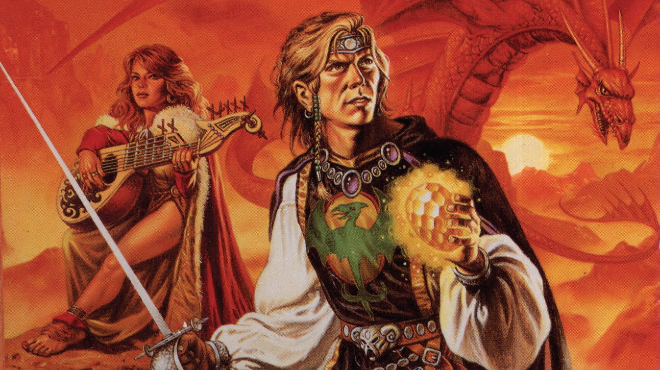 A portion of Clyde Caldwell's original cover for The Wyvern's Spur. From left: Olive Ruskettle, Giogi Wyvernspur, and a dragon. (Illustration: Wizards of the Coast)