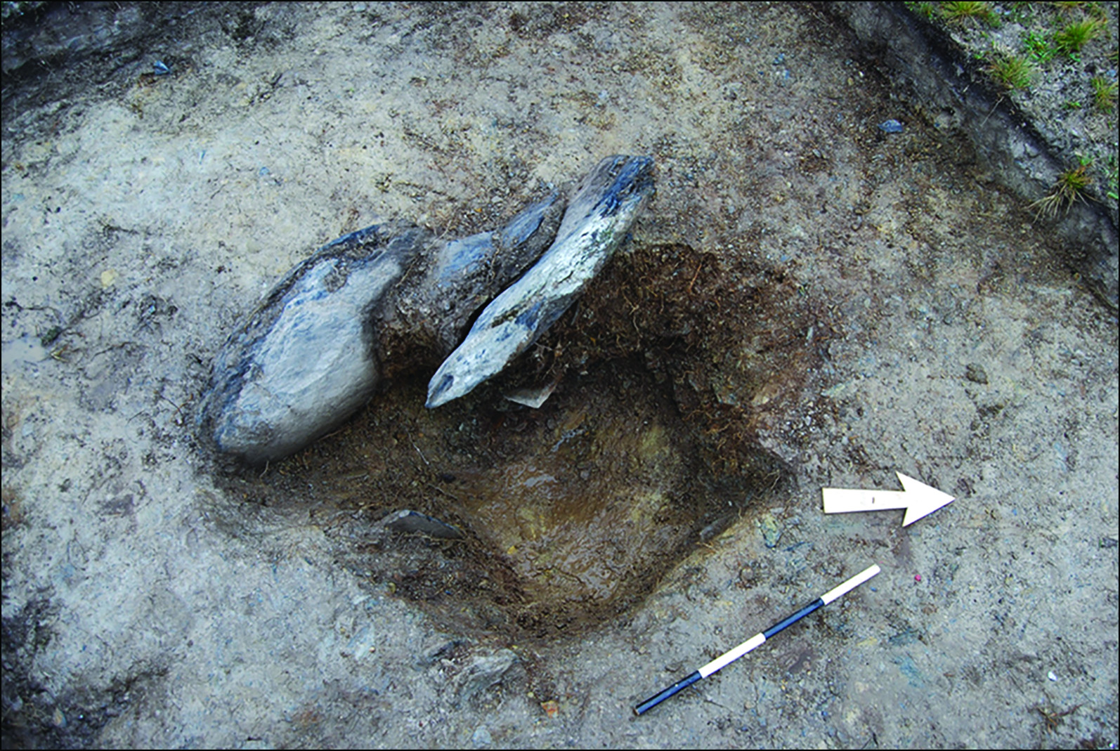 A stonehole uncovered at Waun Mawn, including the packing used to secure the missing stone. (Image: M. P. Pearson et al., 2021/Antiquity)