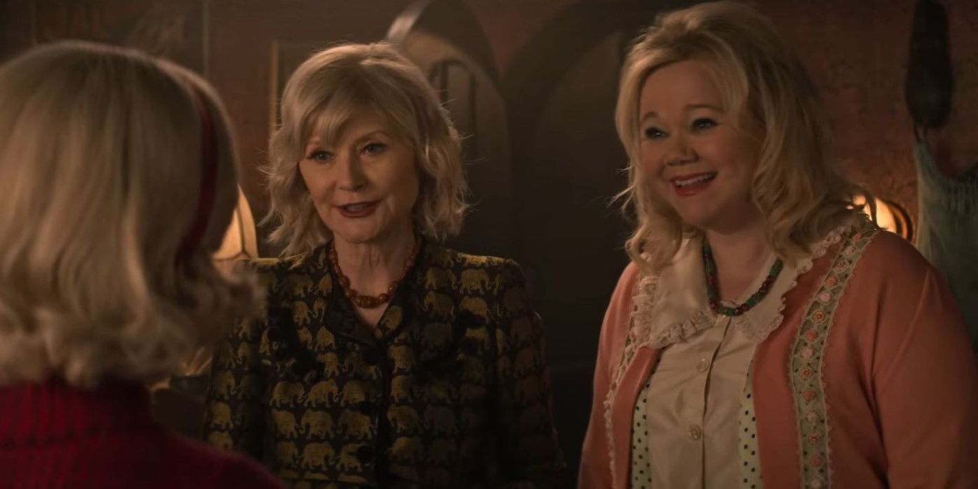 Sabrina meeting the actresses who portray her aunts in an alternate dimension. (Image: Netflix)