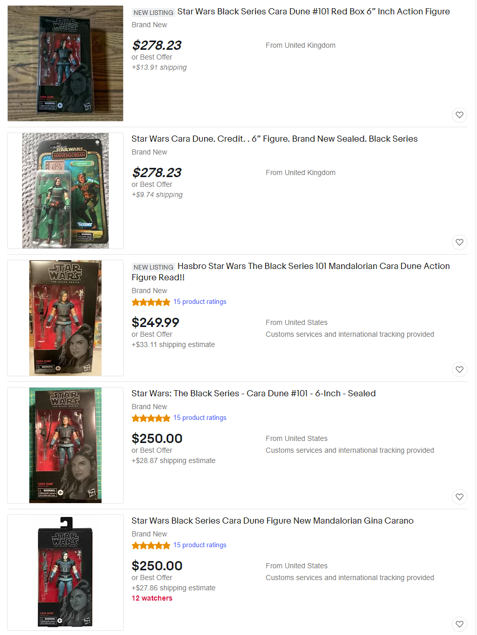 A sample of current eBay auctions for Cara Dune action figures. (Screenshot: Gizmodo/Gizmodo)