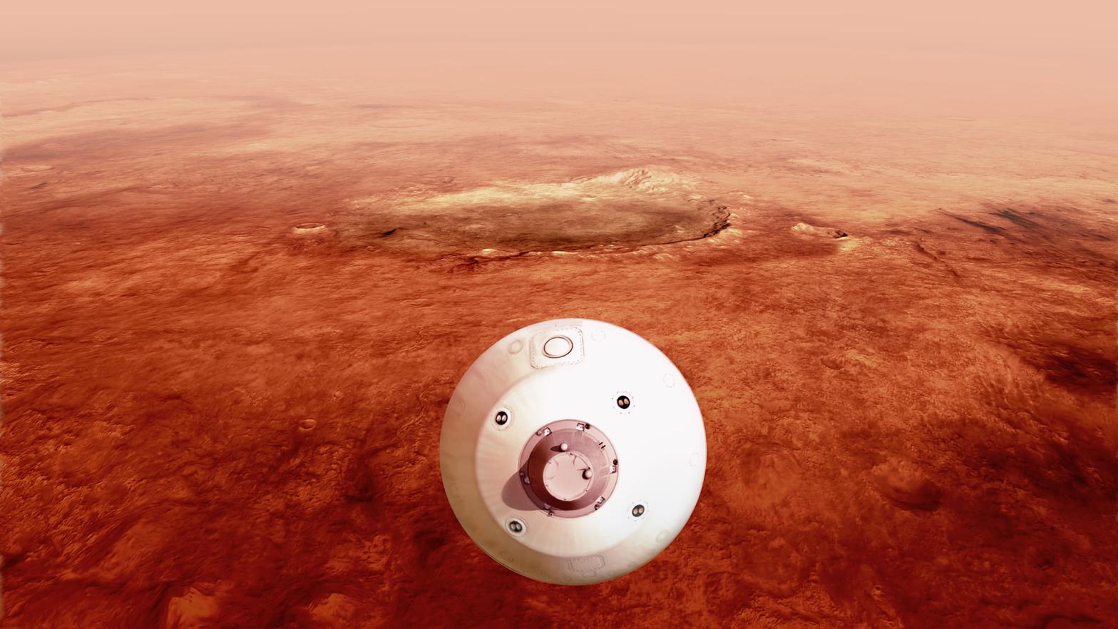 Depiction of the aeroshell containing the Perseverance rover.  (Image: NASA/JPL-Caltech)