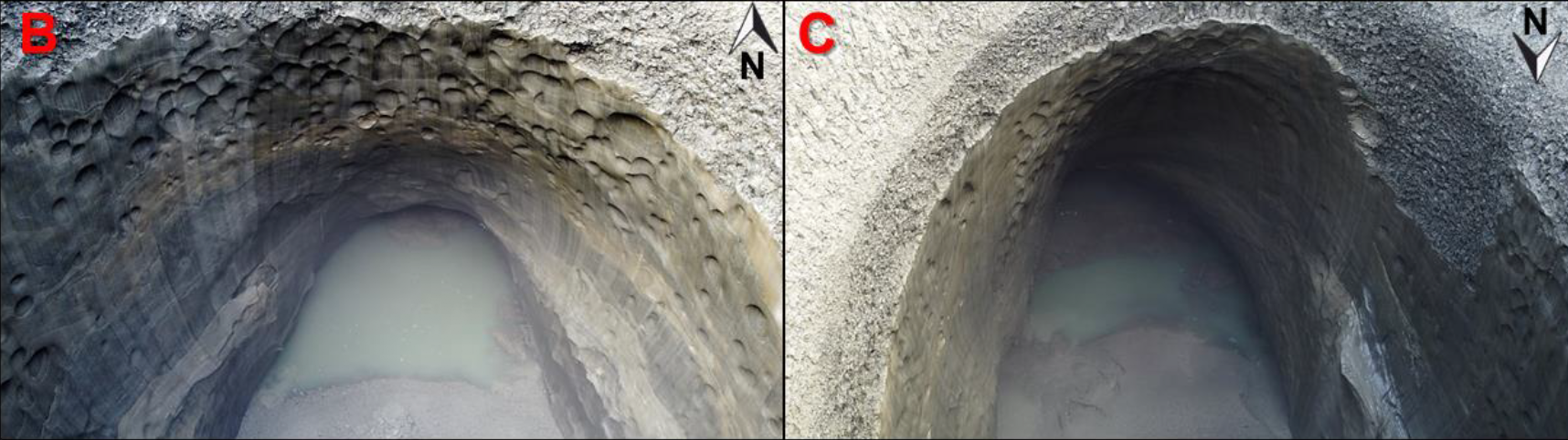 Grottos as the bottom of the crater, as imaged by the drone.  (Image: V. Bogoyavlensky et al., 2021/Geosciences)