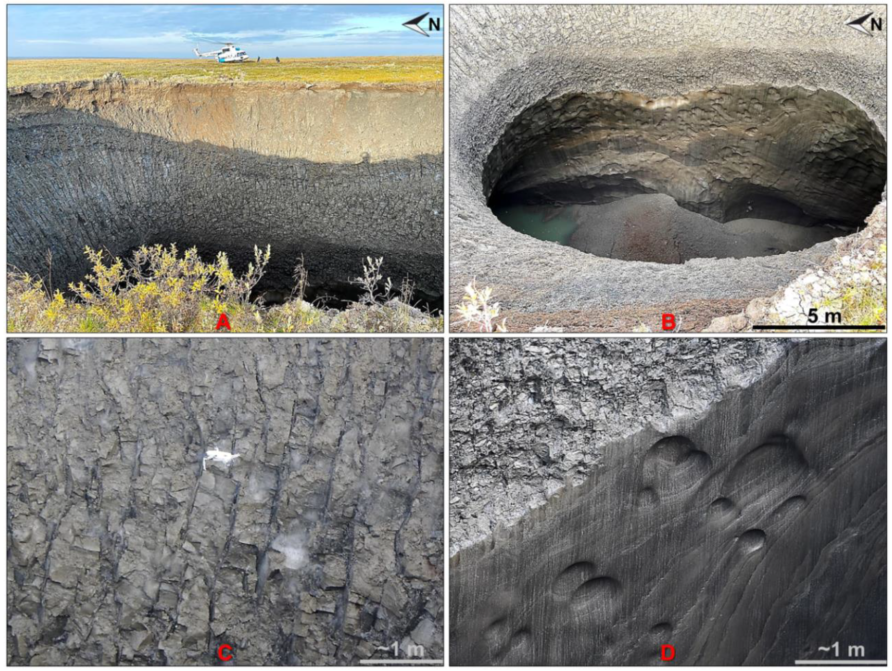 Photos of the crater interior taken from the surface.  (Image: V. Bogoyavlensky et al., 2021/Geosciences)