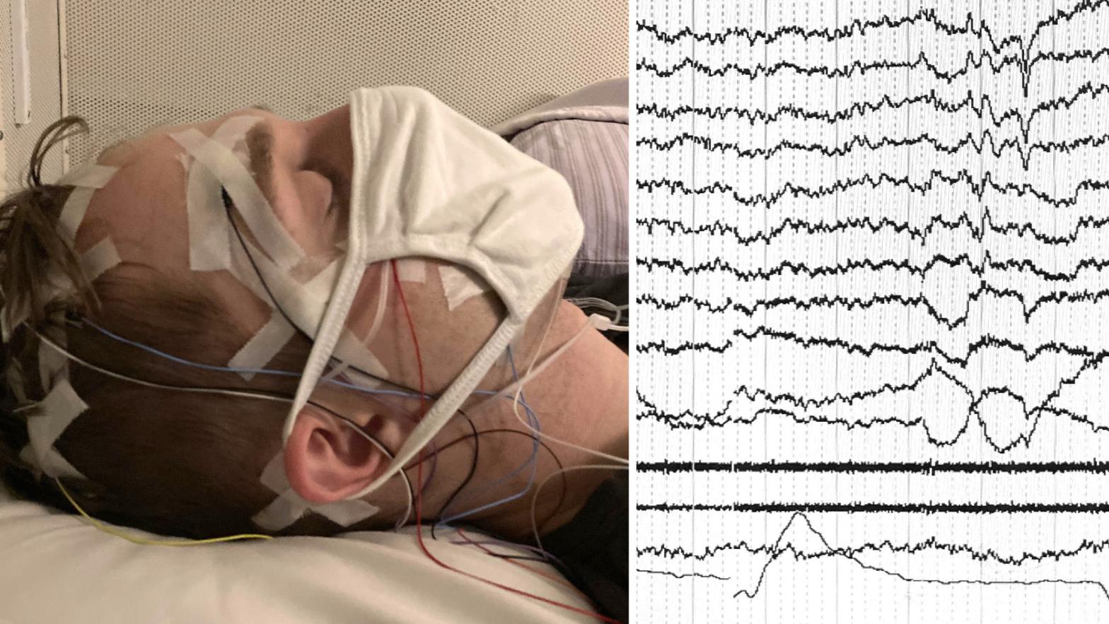 Electrical signals from a sleeping person's brain are shown on the monitor. (Image: K Konkoly)