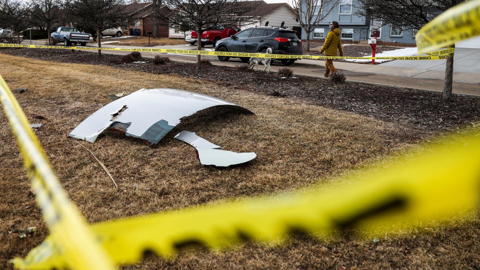 Pieces of an aeroplane engine from Flight 328 sit scattered in a neighbourhood on February 20, 2021 in Broomfield, Colorado.  (Photo: Michael Ciaglo, Getty Images)