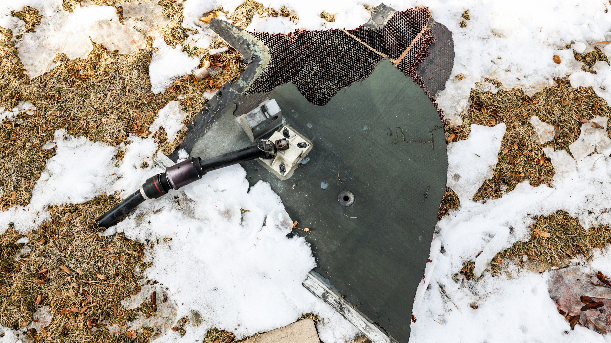 Pieces of an aeroplane engine from Flight 328 sit scattered in a neighbourhood on February 20, 2021 in Broomfield, Colorado. (Photo: Michael Ciaglo, Getty Images)