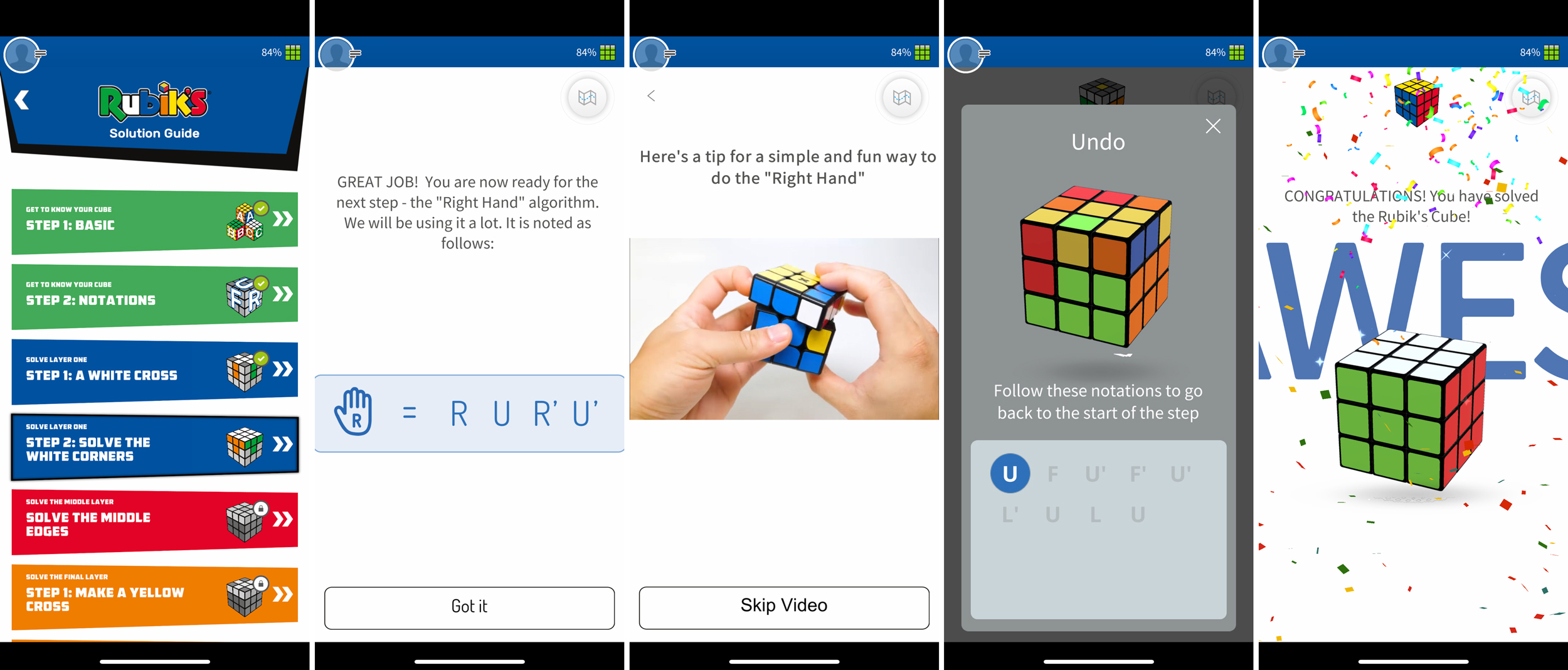 Learning and mastering the specific steps needed to quickly solve the puzzle is made very easy with the app's use of text instructions, 3D animations, and even videos showing ideal handling techniques. (Screenshot: Andrew Liszewski/Gizmodo)