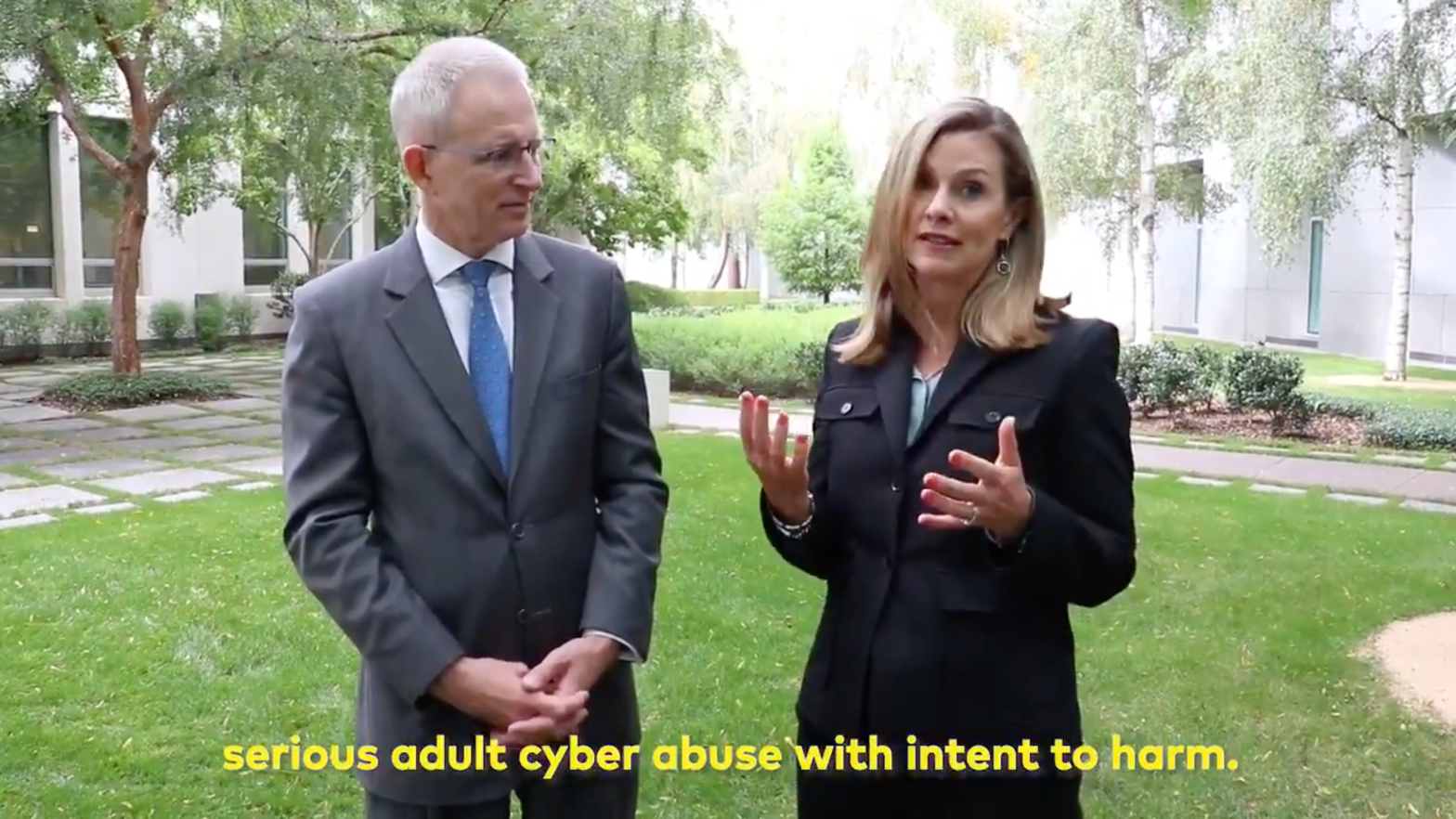 Communications Minister Paul Fletcher and eSafety Commissioner Julie Inman Grant talking about a new internet law in Australia