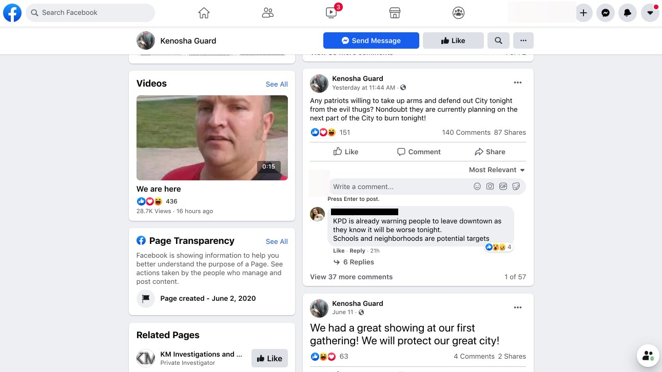 The Facebook page of a militia group that showed up during protests in Kenosha, Wisconsin, after which an armed gunman killed two and wounded another. (Screenshot: Facebook/Tech Transparency Project, Other)