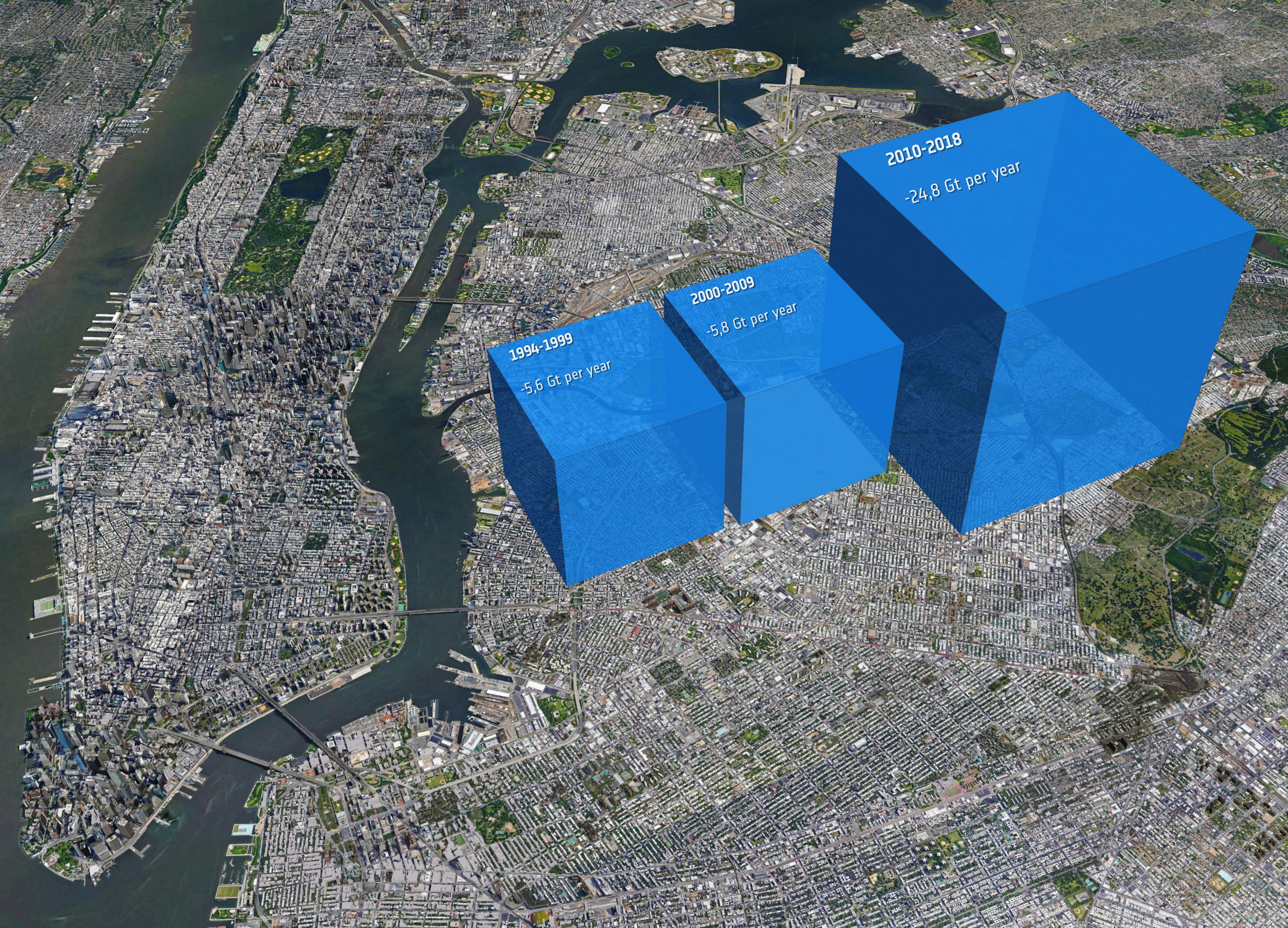 These cubes positioned over Manhattan represent the ice lost over time from the Getz region as described in the study, and clearly show that ice loss is increasing. (Image: University of Leeds/ESA/Google basemap)