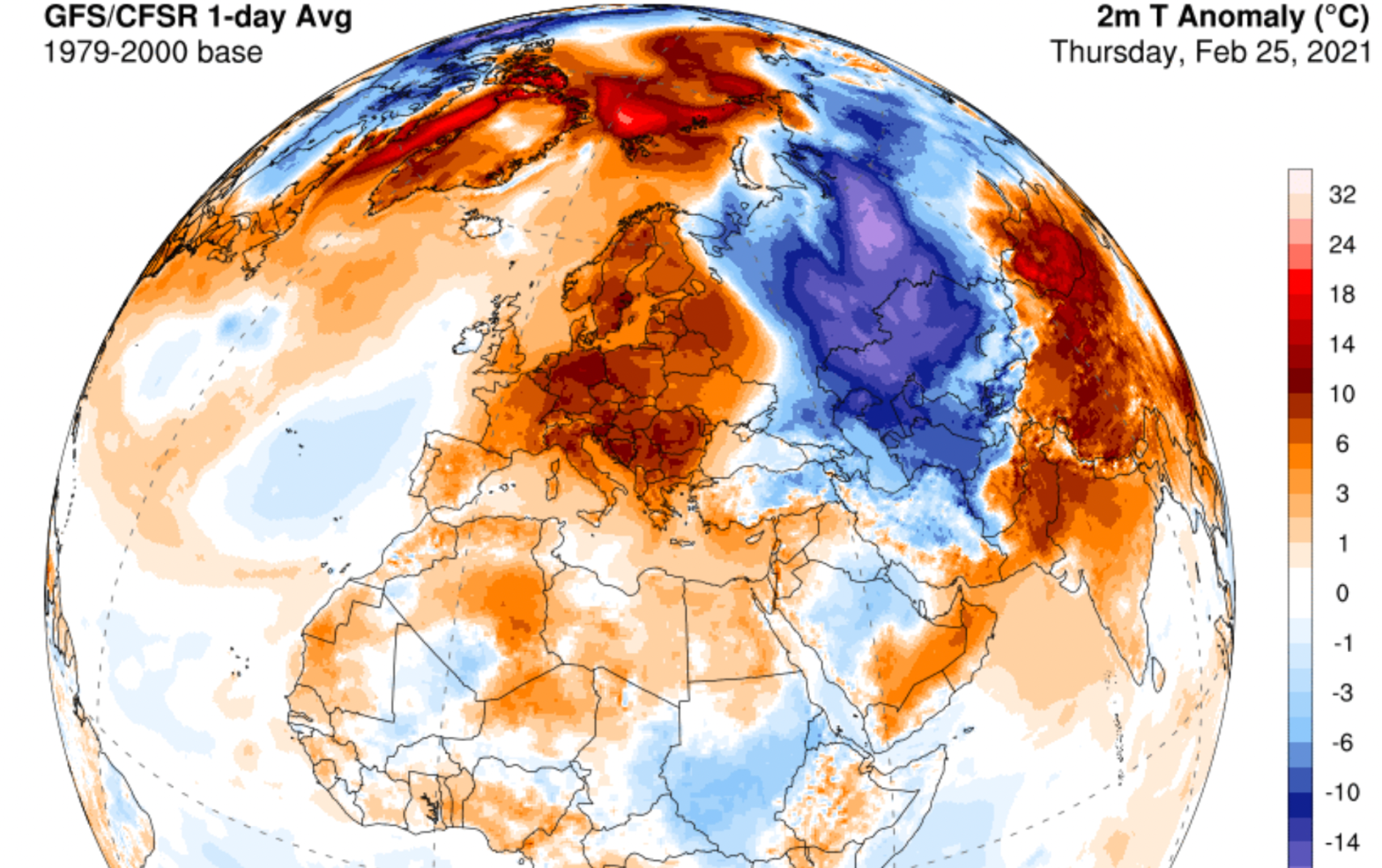 A temperature anomaly maps shows heat over Europe and the Arctic and a chill over Russia. (Image: University of Maine)