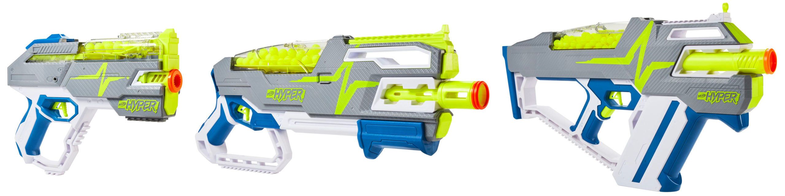 From left to right: the $US30 ($38) Nerf Hyper Rush-40, the $US40 ($51) Nerf Hyper Siege-50, and the $US70 ($88) Nerf Hyper Mach-100. (Image: Hasbro)